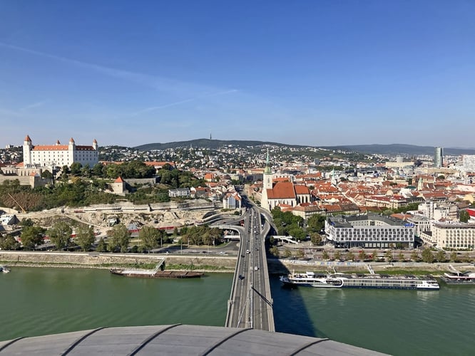 View of Old Town Bratislava from the UFO Bridge, Bratislava, Slovakia