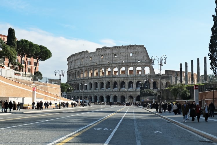 Colosseum on Via dei Fori Imperiali in Rome, Italy 