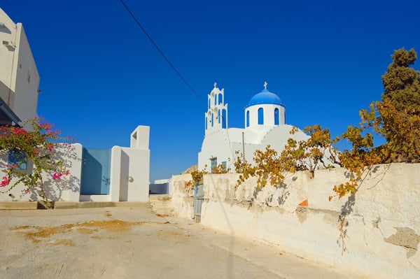 Santorini Church_Blue Sky_Blue Gate_Bougainvillea