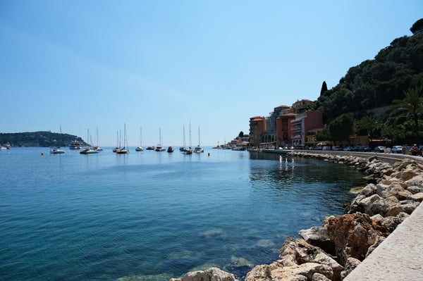View of Villefranche-sur-Mer Harbor from Plage des Marinières