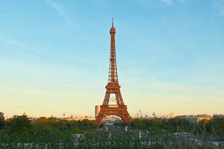 Eiffel Tower with Olympic Rings at Sunset, Paris, France